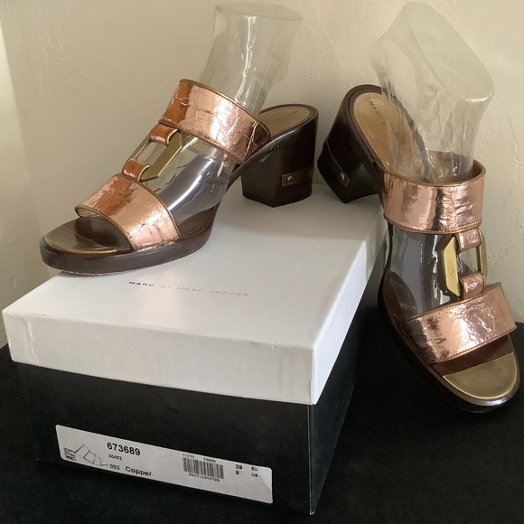 Marc By Marc Jacobs Sz 39(9) Princess Metallic Copper Leather Chunky Heal Slide - Picture 1 of 6